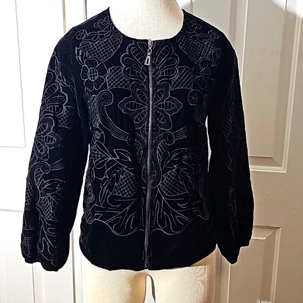 Adore enbroidery black velvet jacket. Zip up small. Punk, goth, 90's Y2K